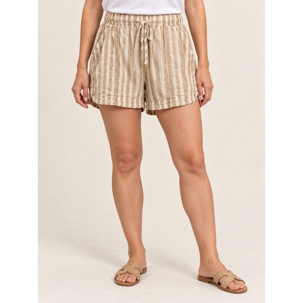 Universal Thread Women’s L Beige/White Striped Linen Rayon Shorts Elastic Waist
